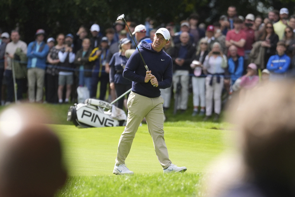 Northern Ireland's Rory McIlroy reacts to a putt on the third green during the second round of the Irish Open golf tournament, Friday, Sept. 5, 2025, at The K Club in Straffan, Ireland. (Brian Lawless/PA via AP)