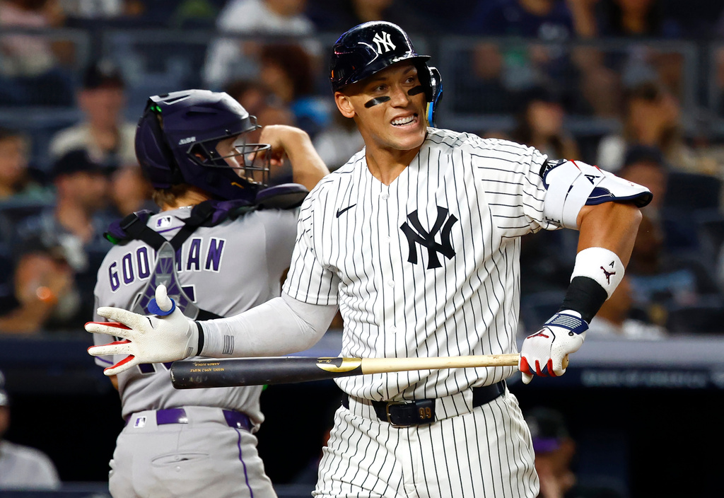New York Yankees' Aaron Judge reacts after striking out during the sixth inning of a baseball game against the Colorado Rockies, Tuesday, Sept. 8, 2026, in New York. (AP Photo/Noah K. Murray)