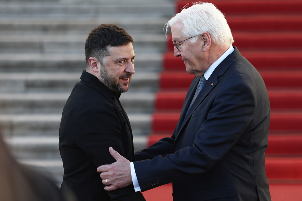 German President Frank-Walter Steinmeier welcomes Ukraine's President Volodymyr Zelenskyy at the Bellevue Palace in Berlin, Germany, Monday, Dec. 15, 2025. (AP Photo/Maryam Majd)