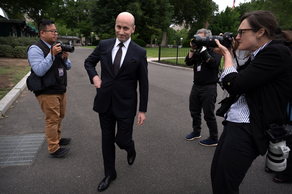 Stephen Miller, White House deputy chief of staff, leaves after speaking to reporters outside the White House, Thursday, May 21, 2026, in Washington. (AP Photo/Mark Schiefelbein)