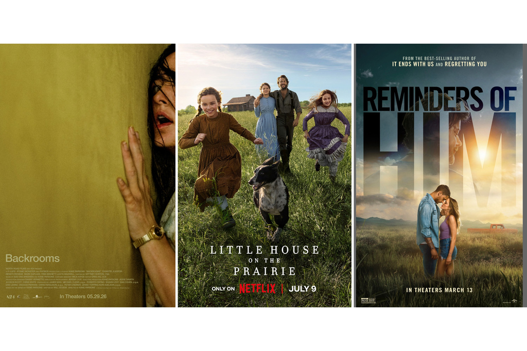 This combination of images show promotional art for the film "Backrooms," from left, the series "Little House on the Prairie," and the film, "Reminders of Him." (A24/Netflix/Universal via AP)
