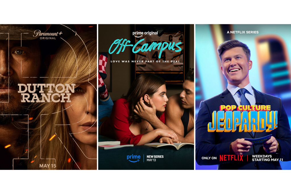 This combination of images shows promotional art for "Dutton Ranch," from left, "Off Campus," and "Pop Culture Jeopardy!" (Paramount+/Prime/Netflix via AP)