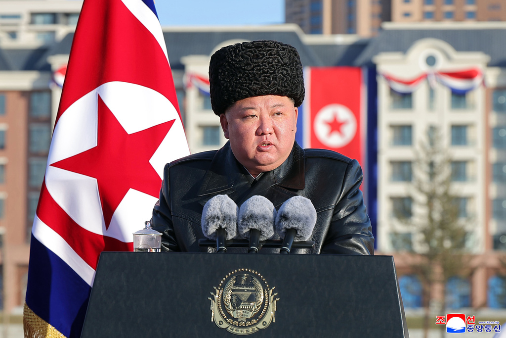 In this photo provided by the North Korean government, North Korean leader Kim Jong Un, second right, delivers a speech during a completion ceremony of the new street, called Saeppyol Street in Pyongyang, North Korea Sunday, Feb. 15, 2026. Independent journalists were not given access to cover the event depicted in this image distributed by the North Korean government. The content of this image is as provided and cannot be independently verified. Korean language watermark on image as provided by source reads: "KCNA" which is the abbreviation for Korean Central News Agency. (Korean Central News Agency/Korea News Service via AP)