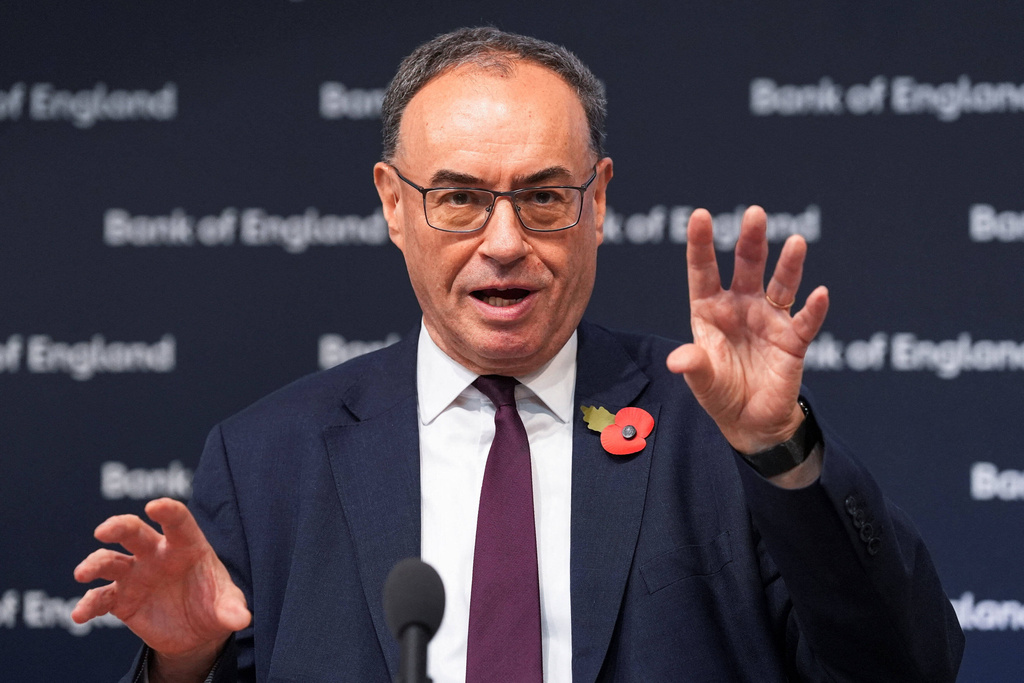 Andrew Bailey, Governor of the Bank of England, attends the Bank of England Monetary Policy Report news Conference at the Bank of England in London, England, Thursday Nov. 6, 2025. (Maja Smiejkowska/PA via AP)