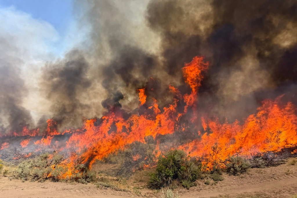 This undated photo provided by the U.S. Forest Service on Friday, Aug. 7, 2026, shows the Widemouth 2 wildfire burning near Richfield, Utah. (U.S. Forest Service/Fishlake National Forest via AP)