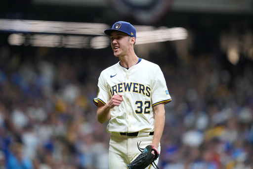 Milwaukee Brewers pitcher Jacob Misiorowski (32) reacts to an out against the Chicago Cubs during the fifth inning of Game 5 of baseball's National League Division Series, Saturday, Oct. 11, 2025, in Milwaukee. (AP Photo/Kayla Wolf) Milwaukee Brewers pitcher Jacob Misiorowski (32) reacts to an out against the Chicago Cubs during the fifth inning of Game 5 of baseball's National League Division Series, Saturday, Oct. 11, 2025, in Milwaukee. (AP Photo/Kayla Wolf)
