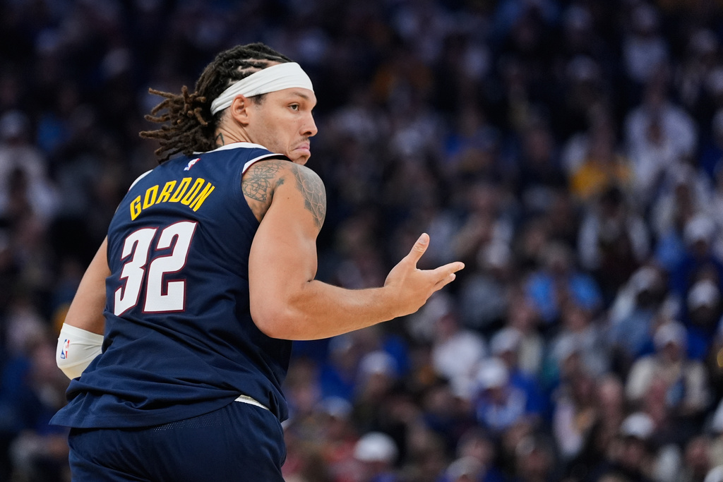 Denver Nuggets forward Aaron Gordon reacts after making a 3-point basket during the first half of an NBA basketball game against the Golden State Warriors, Thursday, Oct. 23, 2025, in San Francisco. (AP Photo/Godofredo A. Vásquez)