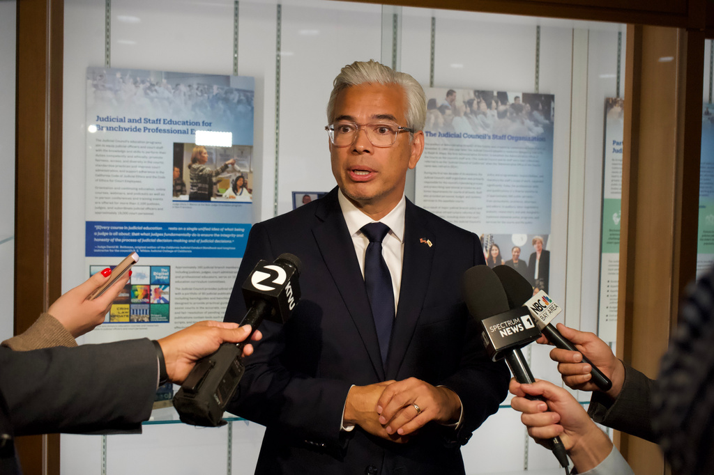 California Attorney General Rob Bonta speaks after a hearing about Riverside County Sheriff Chad Bianco's seizure and recount of more than half a million 2025 election ballots on Monday, Aug. 24, 2026, at California Supreme Court in San Francisco. (Alicia Ramirez/The Riverside Record, Pool)