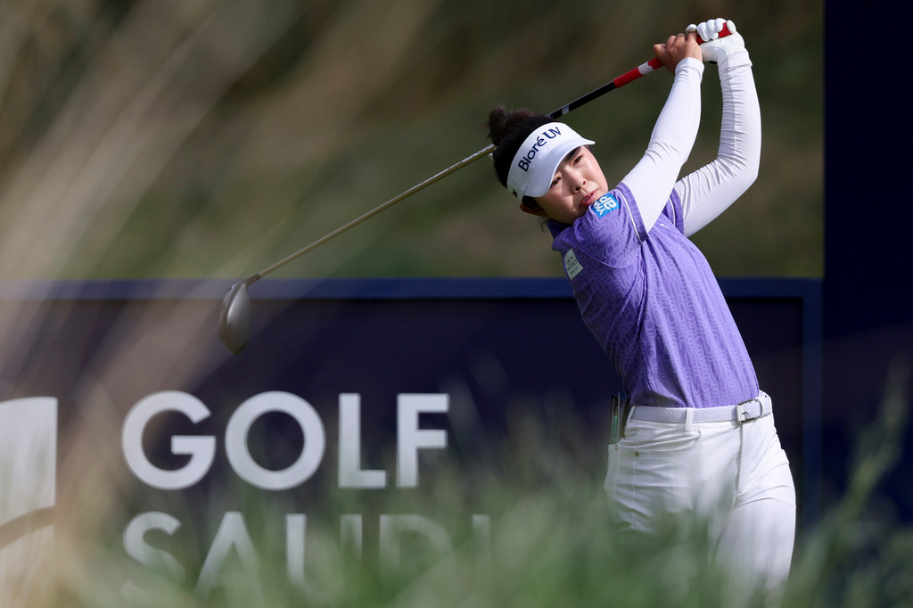 Miyu Yamashita hits a tee shot on the 14th hole during the first round of the Aramco Championship LPGA golf tournament, Thursday, April 2, 2026, in North Las Vegas. (AP Photo/Ian Maule)