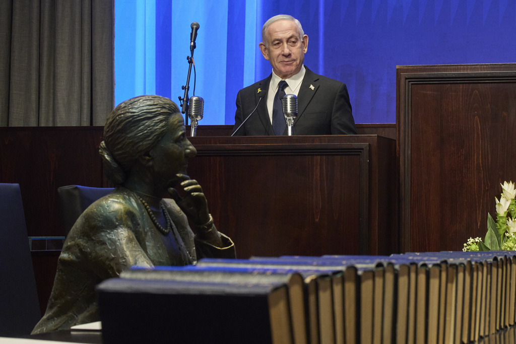 Israeli Prime Minister Benjamin Netanyahu speaks at the opening ceremony of the Knesset Museum in the old building of the Israeli parliament, in Jerusalem, Monday, Aug.11, 2025. (AP Photo/Ohad Zwigenberg, Pool)