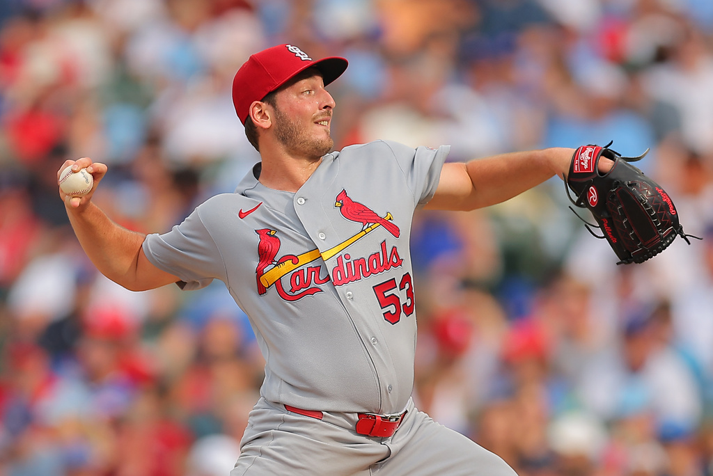 St. Louis Cardinals' Andre Pallante throws during the fifth inning of a baseball game against the Chicago Cubs, Friday, July 3, 2026, in Chicago. (AP Photo/Melissa Tamez)