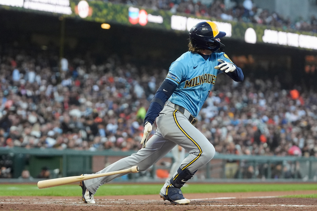 Milwaukee Brewers' Brice Turang watches his two-run single against the San Francisco Giants during the fourth inning of a baseball game, Tuesday, July 28, 2026, in San Francisco. (AP Photo/Jeff Chiu)
