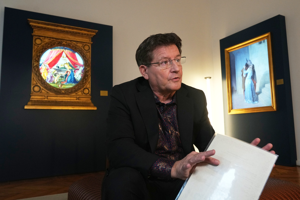 John Blem, founder of the Italian non-profit Save the Artistic Heritage, speaks with the Associated Press about the organization's initiative to create a market for high-definition digital versions of masterpieces, Monday, Nov. 24, 2025, in Milan, Italy. (AP Photo/Antonio Calanni)