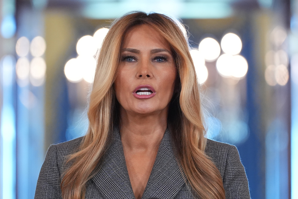 First lady Melania Trump speaks to reporters Thursday, April 9, 2026, in the Grand Foyer of the White House in Washington. (AP Photo/Jacquelyn Martin)