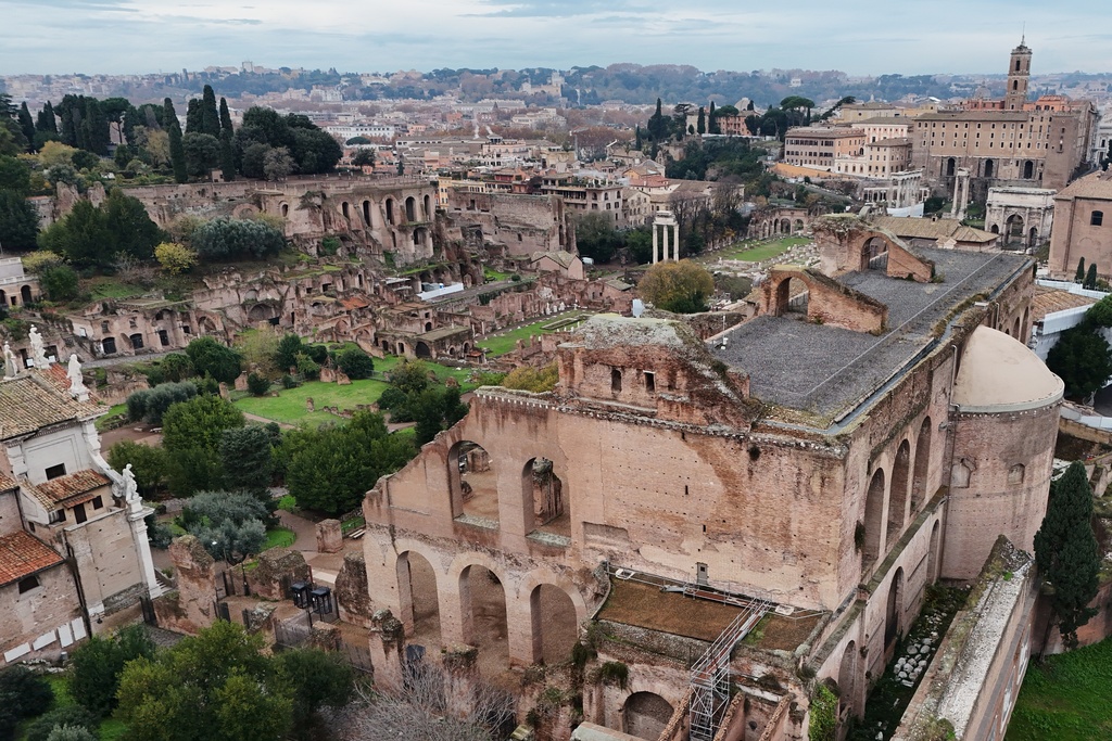 An aerial view of the Roman Forum, in Rome, Thursday, Dec. 4, 2025. (AP Photo/Andrew Medichini)
