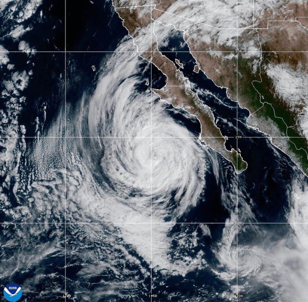 This NOAA satellite image taken at 2:09 p.m. EST on Thursday, Oct. 9, 2025, shows Tropical Storm Priscilla off the western coast of Mexico in the eastern Pacific Ocean. (NOAA via AP)