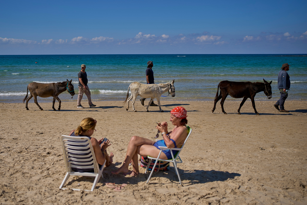 Israeli soldiers walk on the beach with animals near a farm in central Israel run by Back2Life, a group helping soldiers combat mental health problems, near Kibbutz Sdot Yam, Israel, on Oct. 16, 2025. (AP Photo/Ohad Zwigenberg)