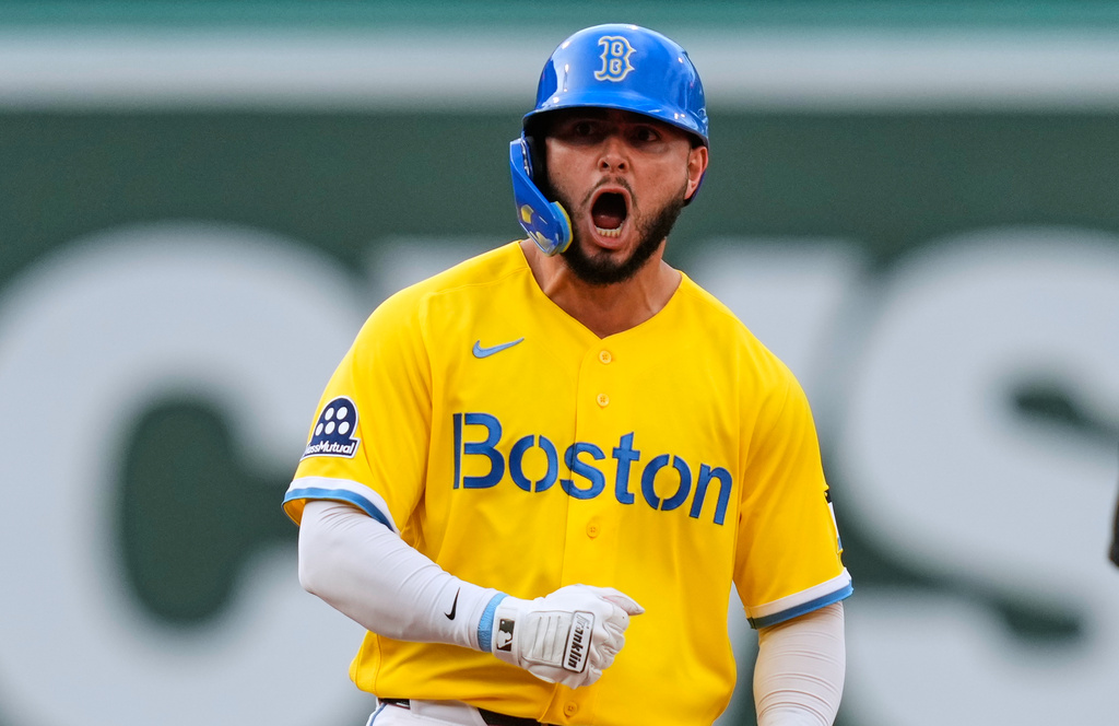 Boston Red Sox's Wilyer Abreu celebrates after his two RBI double during the sixth inning of a baseball game against the Kansas City Royals, Saturday, Sept. 12, 2026, in Boston. (AP Photo/Charles Krupa)