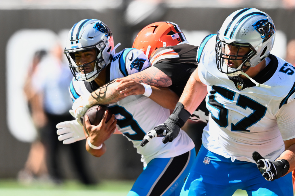 Cleveland Browns defensive tackle Mason Graham (94) sacks Carolina Panthers quarterback Bryce Young (9) during the first half of an NFL football game in Cleveland, Sunday, Sept. 27, 2026. (AP Photo/David Richard)