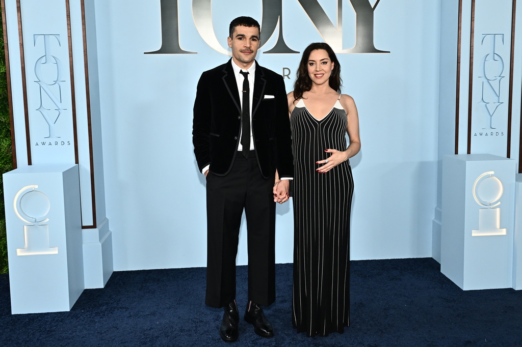 Christopher Abbott, left, and Aubrey Plaza arrive at the 79th Tony Awards on Sunday, June 7, 2026, at Radio City Music Hall in New York. (Photo by Evan Agostini/Invision/AP)