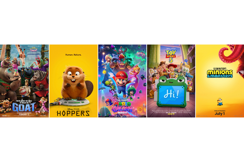 This combination of images shows promotional art for animated films, from left, "GOAT," "Hoppers," "The Super Mario Galaxy Movie," "Toy Story 5," and "Minions & Monsters." (Sony Pictures/Disney-Pixar/Universal/Disney/Universal via AP)