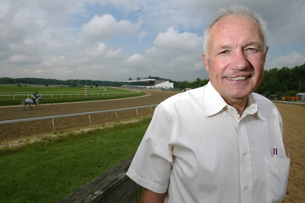 FILE - Trainer King Leatherbury is seen at Laurel Race Park in Laurel, Md., on July 30, 2003. (AP Photo/ Matt Houston, File)