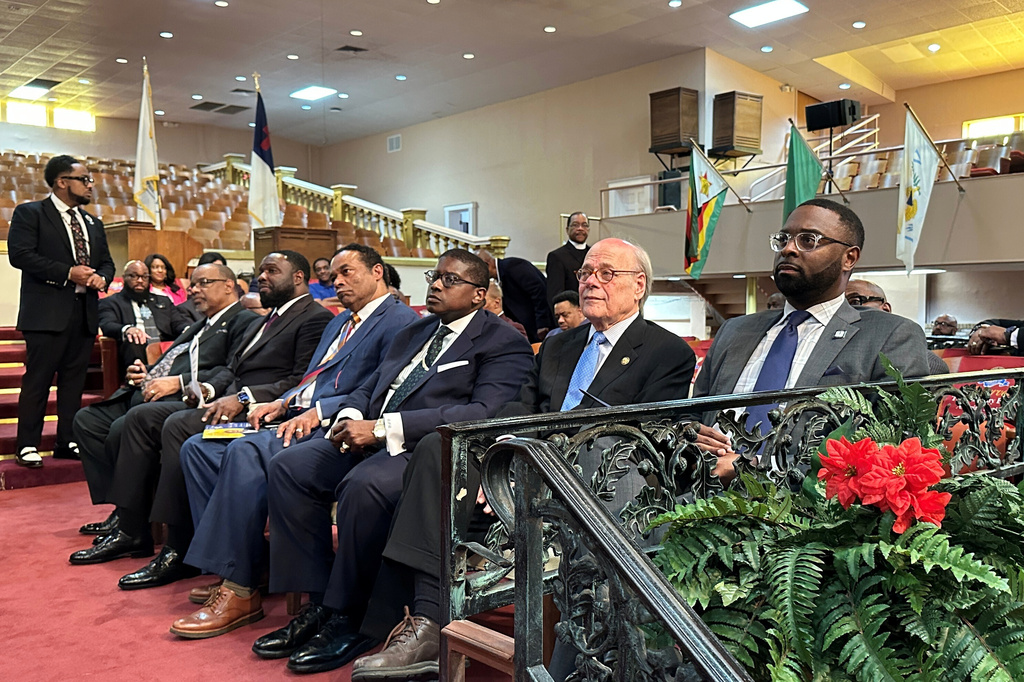 Memphis Mayor Paul Young, right, and U.S. Rep. Steve Cohen, second right, attend a news conference announcing a federal grant that was awarded to the historic Mason Temple, Monday, April 13, 2026, in Memphis, Tenn. (AP Photo/Adrian Sainz)