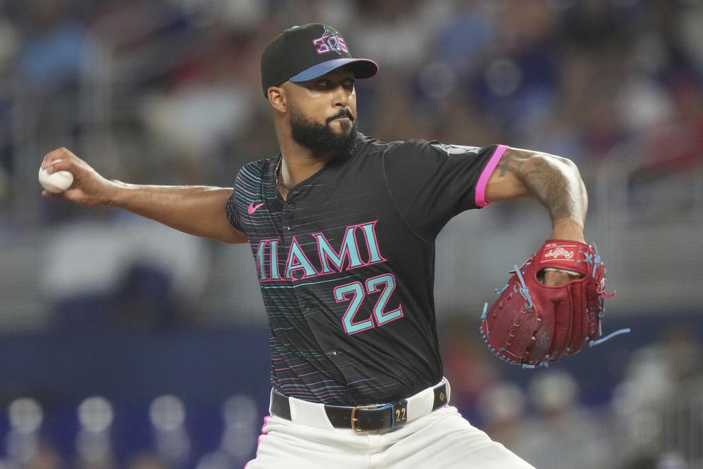 Miami Marlins starting pitcher Sandy Alcantara aims a pitch during the first inning of a baseball game against the Philadelphia Phillies Saturday, Sept. 6, 2025, in Miami. (AP Photo/Marta Lavandier)