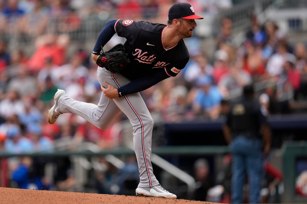 Washington Nationals pitcher Foster Griffin (22) works in the first inning of a baseball game against the Atlanta Braves, Sunday, May 24, 2026, in Atlanta. (AP Photo/Mike Stewart)