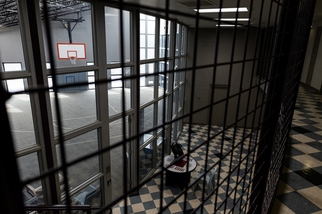 The commons area of Mary Dickerson Juvenile Justice Center stands outside rows of cells, Feb. 24, 2026, in Camdenton, Mo. (AP Photo/Austin Johnson)