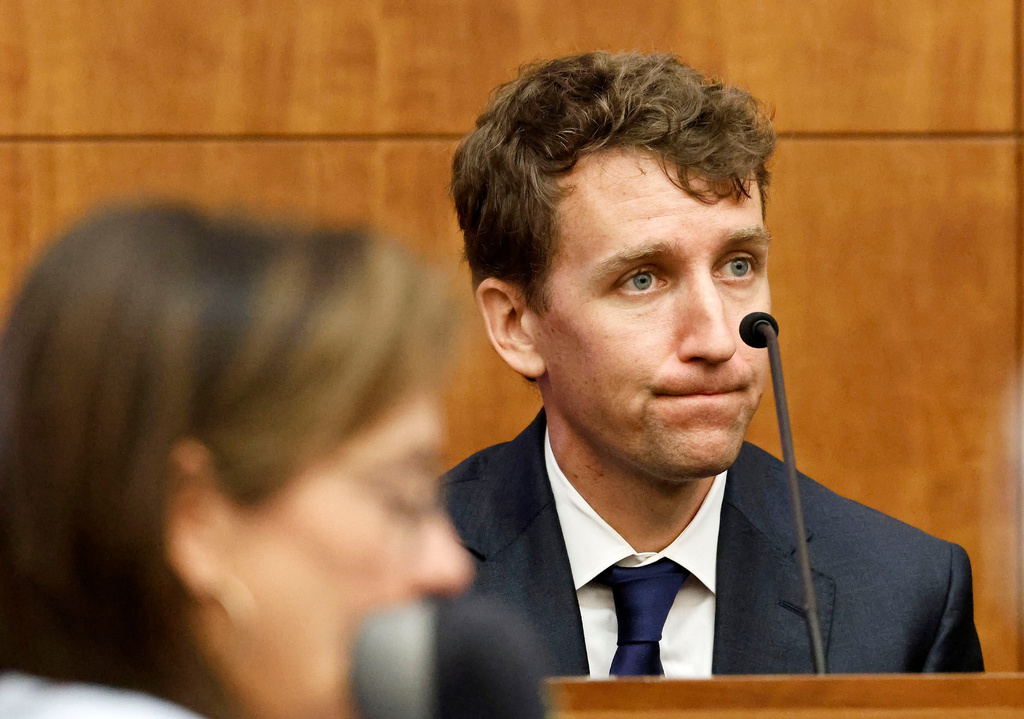 Patrick Clancy, the father of Cora, Dawson and Callan Clancy testifies for the prosecution against his ex wife Lindsay Clancy at Plymouth Superior Court in Plymouth, Mass., Monday, July 27, 2026. (Greg Derr/The Patriot Ledger via AP, Pool)