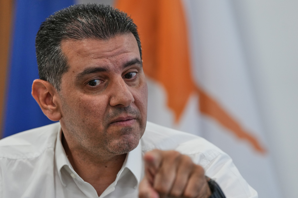 Cyprus' Energy Minister Michael Damianos talks during an interview with The Associated Press in Nicosia, Cyprus, on Aug. 7, 2026. (AP Photo/Petros Karadjias)
