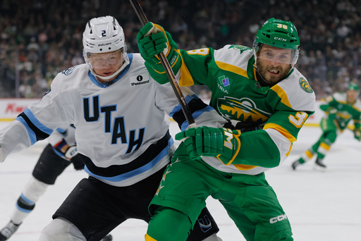 Minnesota Wild right wing Ryan Hartman (38) and Utah Mammoth defenseman Olli Määttä (2) battle for position during the first period of an NHL hockey game Saturday, Oct. 25, 2025, in St. Paul, Minn. (AP Photo/Bailey Hillesheim) Minnesota Wild right wing Ryan Hartman (38) and Utah Mammoth defenseman Olli Määttä (2) battle for position during the first period of an NHL hockey game Saturday, Oct. 25, 2025, in St. Paul, Minn. (AP Photo/Bailey Hillesheim)