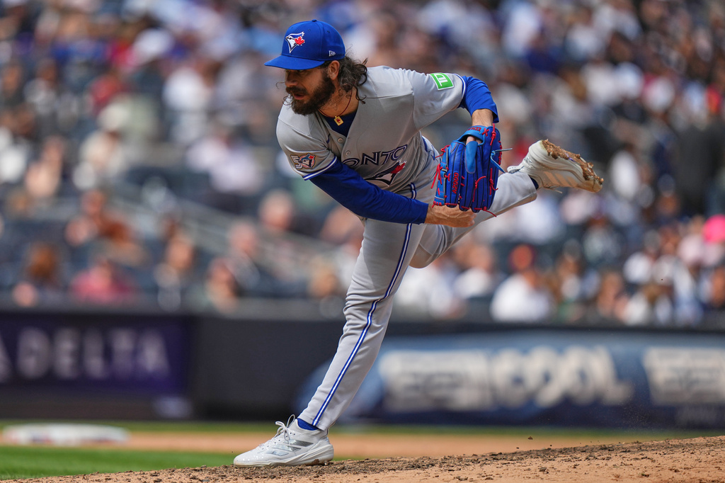 Toronto Blue Jays' Dylan Cease pitches during the fifth inning of a baseball game against the New York Yankees Saturday, Aug. 22, 2026, in New York. (AP Photo/Frank Franklin II)