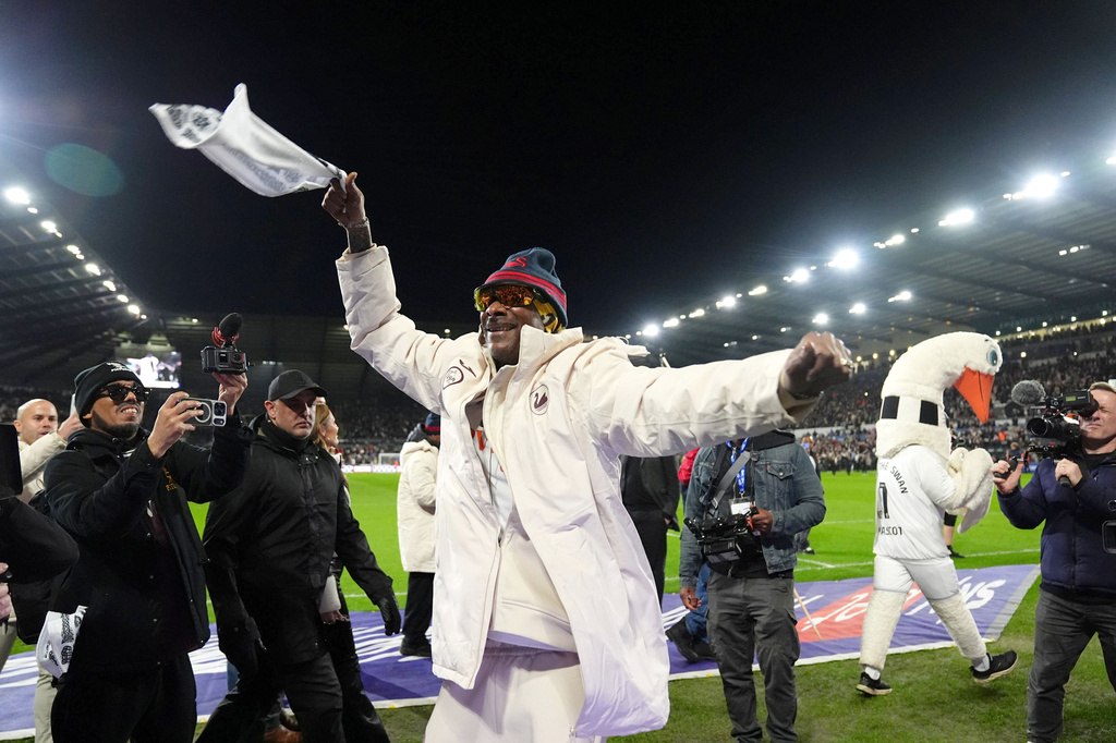Swansea City co-owner Snoop Dogg ahead of the the English Championship soccer match between Swansea City and Preston in Swansea, Wales, Tuesday, Feb. 24, 2026. (Jacob King/PA via AP)