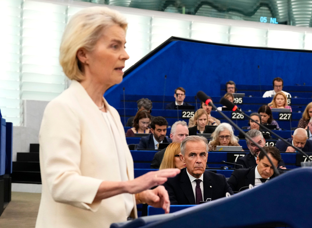 Canadian Prime Minister Mark Carney attends the State of the European Union address by President of the European Commission Ursula von der Leyen,at the European Parliament in Strasbourg, France, Wednesday, Sept. 16, 2026. (Justin Tang/The Canadian Press via AP)