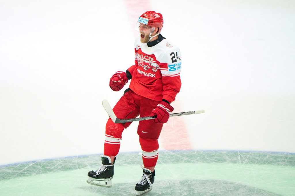 FILE - Denmark's Nikolaj Ehlers celebrates after scoring the winning goal in a quarterfinal game between Canada and Denmark at the hockey world championships, May 22, 2025, in Herning, Denmark. (Bo Amstrup/Ritzau Scanpix via AP, File)