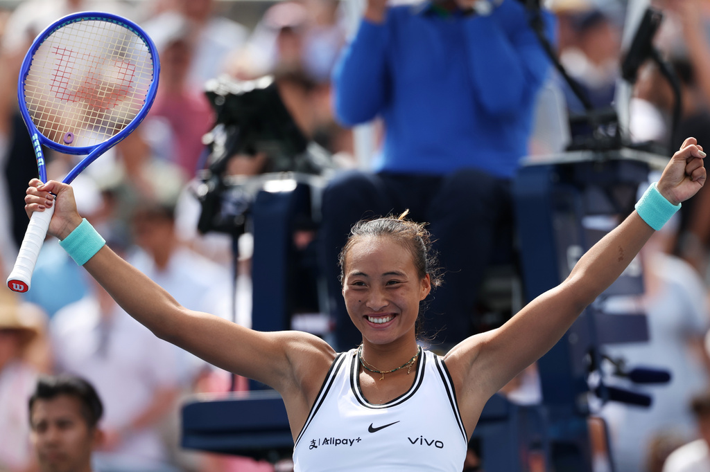 Zheng Qinwen, of China, gestures after she won her match against Madison Keys, of the United States, during the third round of the U.S. Open tennis championships Saturday, Sept. 5, 2026, in New York. (AP Photo/Heather Khalifa)
