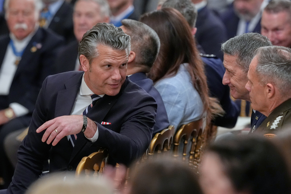 Defense Secretary Pete Hegseth talks before a Medal of Honor ceremony in the East Room ceremony of the White House in Washington, Thursday, June 18, 2026, in Washington. (AP Photo/Manuel Balce Ceneta)