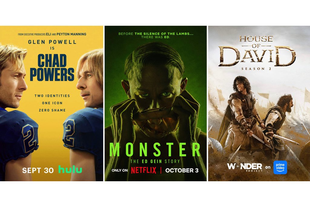 This combination of images shows promotional art for "Chad Powers," from left, "Monster: The Ed Gein Story," and "House of David." (Hulu/Netflix/Prime via AP)