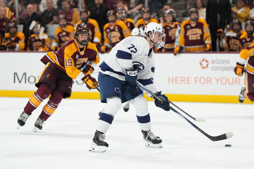 Penn State's Gavin McKenna, center, looks to shoot against Arizona State during the first period of an NCAA college hockey game, Friday, Oct. 3, 2025, in Tempe, Ariz. (AP Photo/Rick Scuteri) Penn State's Gavin McKenna, center, looks to shoot against Arizona State during the first period of an NCAA college hockey game, Friday, Oct. 3, 2025, in Tempe, Ariz. (AP Photo/Rick Scuteri)