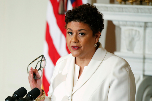 FILE - Elizabeth Alexander speaks in the State Dining Room of the White House in Washington on April 17, 2015. (AP Photo/Andrew Harnik, File) FILE - Elizabeth Alexander speaks in the State Dining Room of the White House in Washington on April 17, 2015. (AP Photo/Andrew Harnik, File)