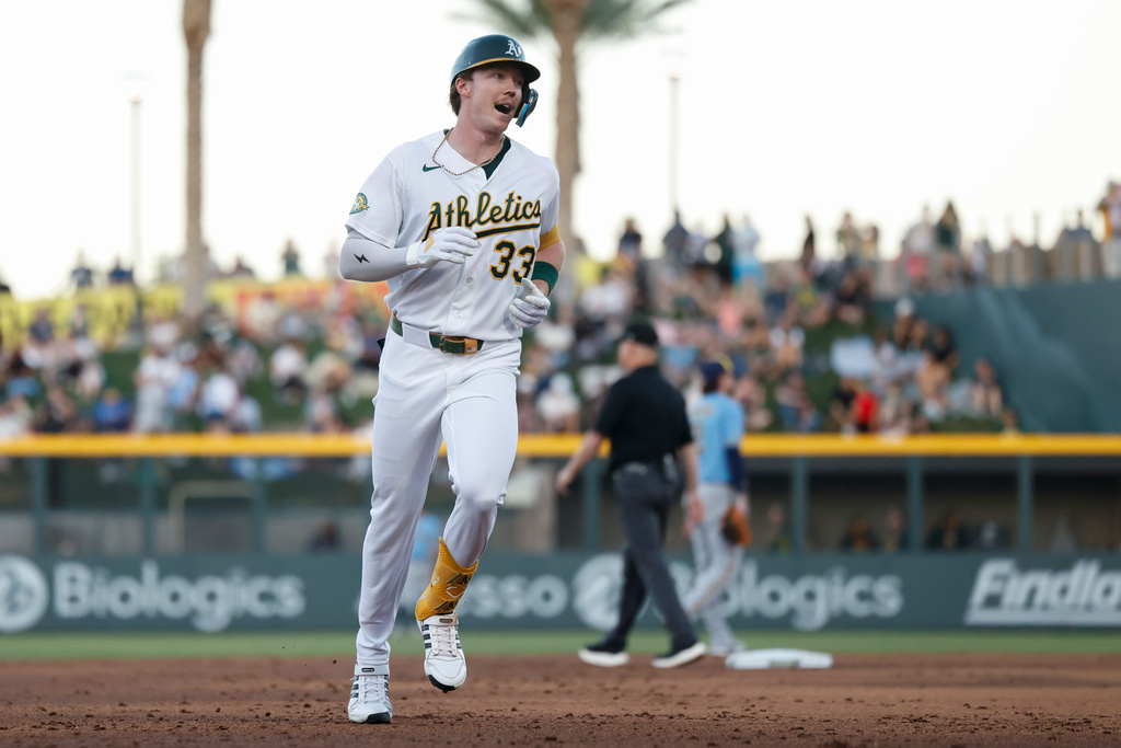 Athletics' Henry Bolte (33) rounds the bases after hitting a two run home run during the second inning of a baseball game against the Milwaukee Brewers, Tuesday, June 9, 2026, in Las Vegas. (AP Photo/Caroline Brehman)
