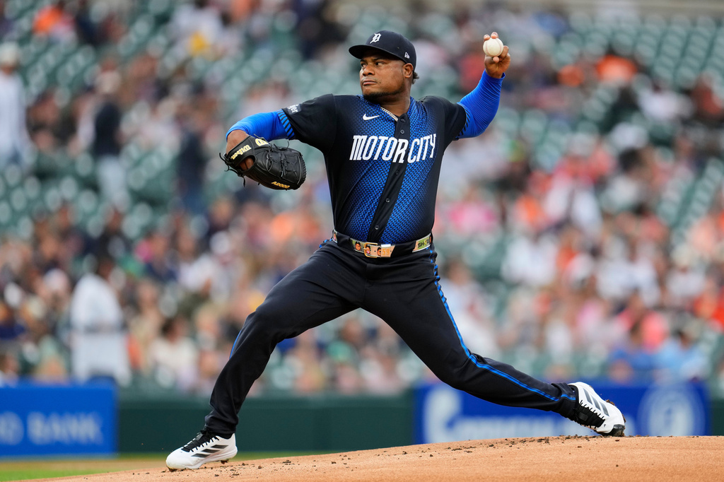 Detroit Tigers pitcher Framber Valdez throws against the Tampa Bay Rays during the first inning of a baseball game Monday, Aug. 24, 2026, in Detroit. (AP Photo/Paul Sancya)