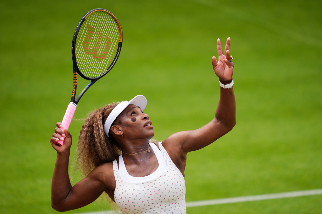 United States' Serena Williams during a practice session on day three of the Queen's Club tennis championships in London, Wednesday, June 10, 2026. (Ben Whitley/PA via AP)