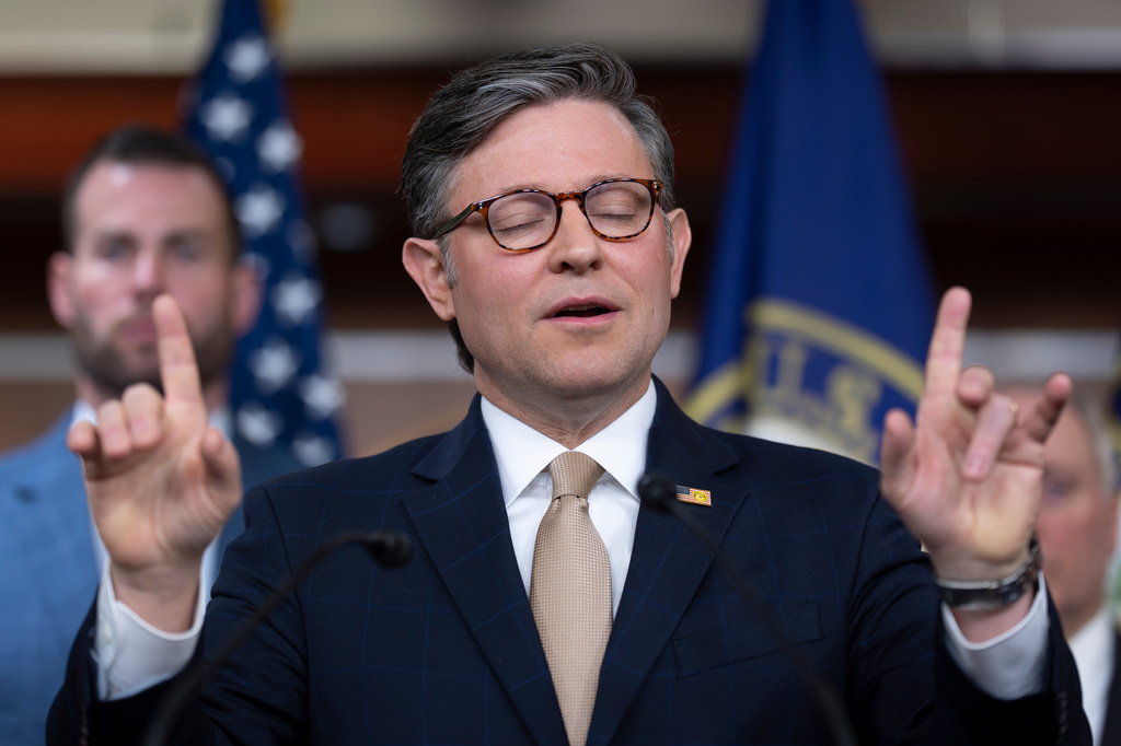 Speaker of the House Mike Johnson takes questions at a news conference following a closed-door GOP meeting at the Capitol in Washington, Tuesday, April 21, 2026. (AP Photo/J. Scott Applewhite)