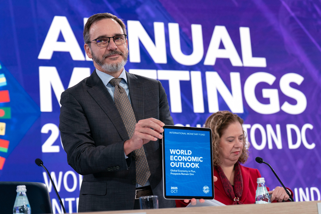Economic Counsellor and Director, Research Department, IMF Pierre-Olivier Gourinchas speaks at a news conference during the World Bank/IMF Annual Meetings at the International Monetary Fund (IMF) headquarters in Washington, Tuesday, Oct. 14, 2025. (AP Photo/Jose Luis Magana)
