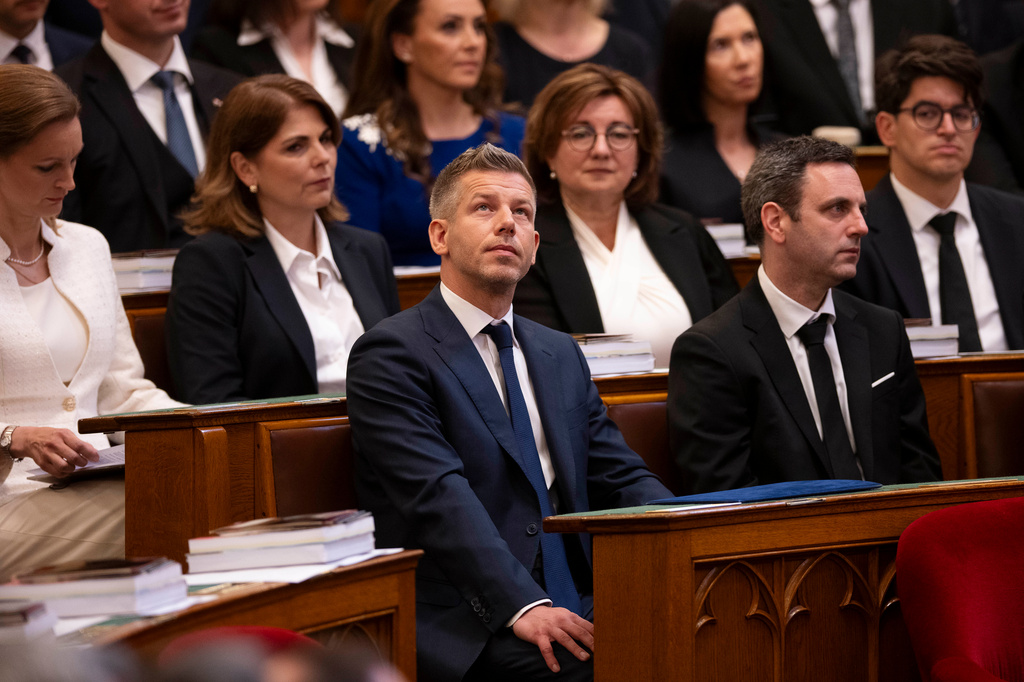 Hungarian Prime Minister-elect Peter Magyar gestures before the inauguration ceremony at the Parliament in Budapest, Hungary, Saturday, May 9, 2026. (AP Photo/Denes Erdos)