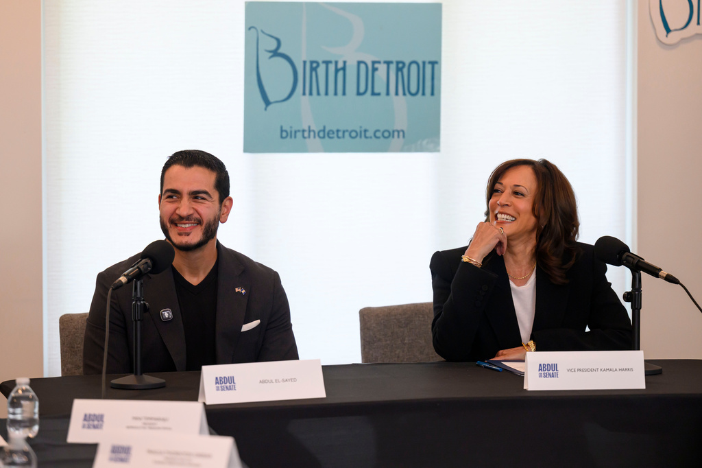 Senatorial candidate Dr. Abdul El-Sayed, left, and former Vice-President Kamala Harris participate in a roundtable discussion about reproductive health at Birth Detroit, in Detroit, Tuesday, Sept. 22, 2026. (David Guralnick/Detroit News via AP, Pool)