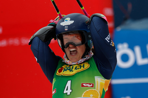 United States' Paula Moltzan celebrates at the finish area of an alpine ski, women's World Cup giant slalom, in Soelden, Austria, Saturday, Oct. 25, 2025. (AP Photo/Alessandro Trovati) United States' Paula Moltzan celebrates at the finish area of an alpine ski, women's World Cup giant slalom, in Soelden, Austria, Saturday, Oct. 25, 2025. (AP Photo/Alessandro Trovati)